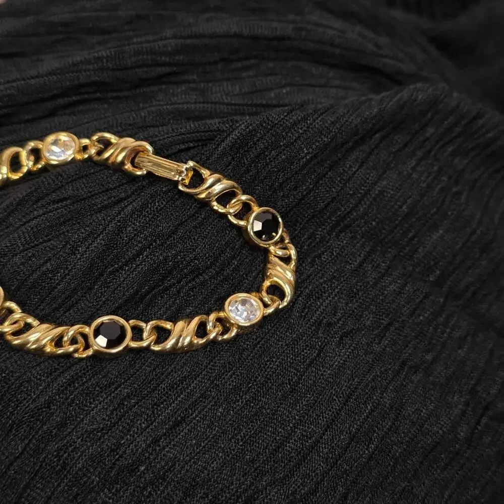 Vintage Gold Tone Bracelet Black Rhinestone Chain Old Money Glam